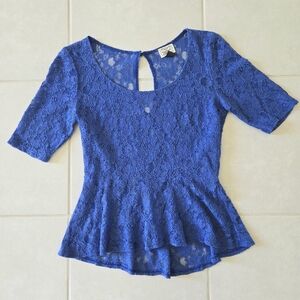 Eyelash Couture Peplum Lace Blouse Small S Royal Blue Top
